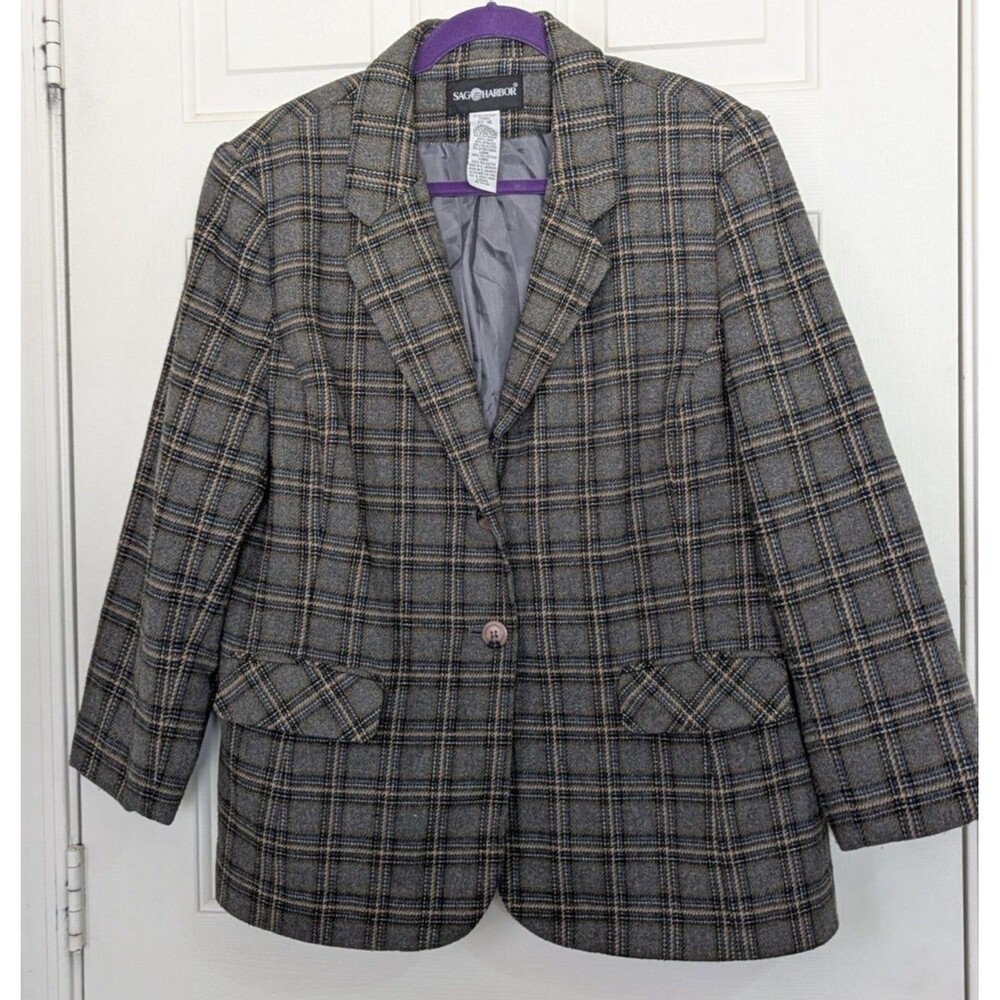 Sag Harbor Blazer Womens 16 Gray Blue Tan Plaid Wool Preppy Academia Preppy EUC